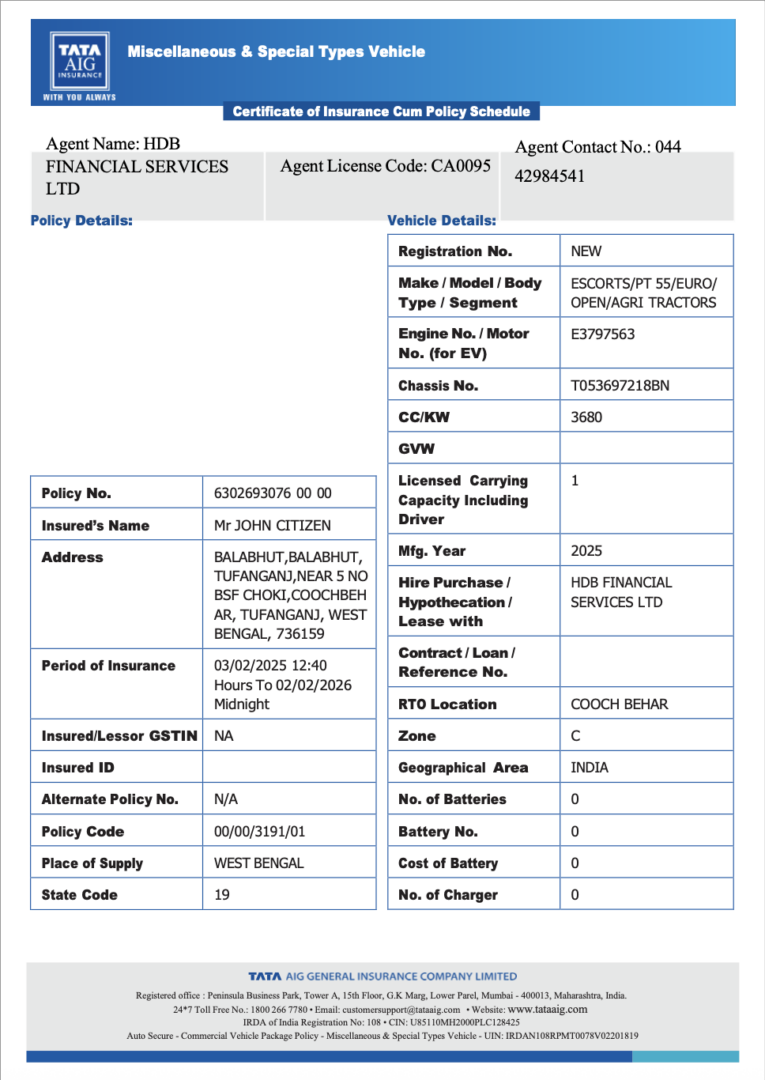 India TATA AIG certificate of insurance cum policy schedule Word and PDF template