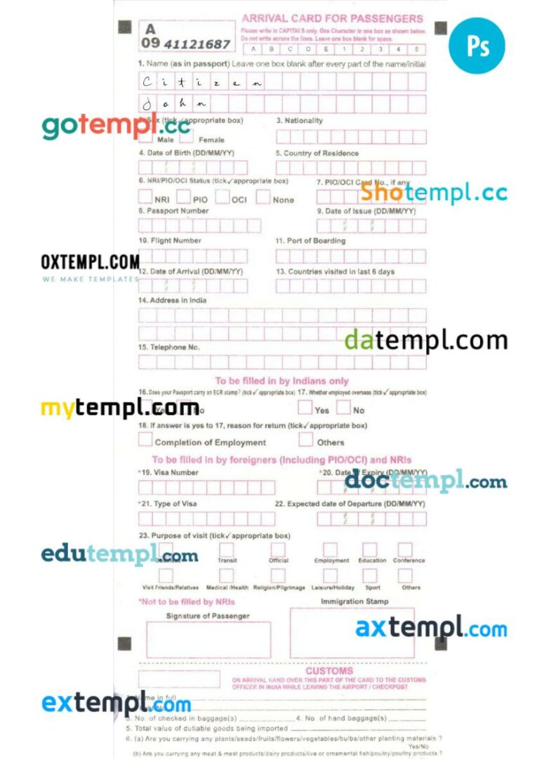 India arrival card for passengers template in PSD format