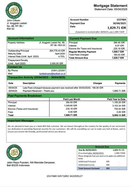 Indonesia Bank BPD Bali mortgage statement Word and PDF template Indonesia Bank BPD Bali mortgage statement Word and PDF template