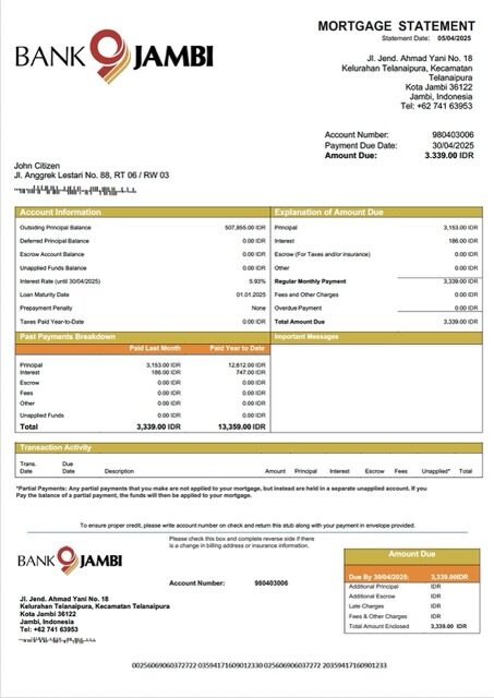 Indonesia Bank Jambi mortgage statement Word and PDF template Indonesia Bank Jambi mortgage statement Word and PDF template