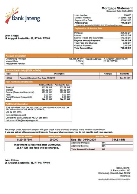 Indonesia Bank Jateng mortgage statement Word and PDF template Indonesia Bank Jateng mortgage statement Word and PDF template