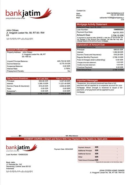 Indonesia Bank Jatim mortgage statement Word and PDF template Indonesia Bank Jatim mortgage statement Word and PDF template