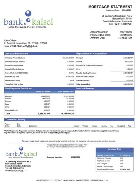 Indonesia Bank Kalsel mortgage statement Word and PDF template Indonesia Bank Kalsel mortgage statement Word and PDF template