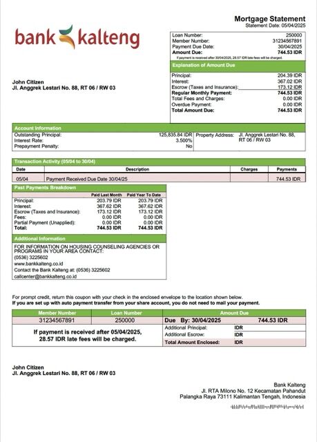 Indonesia Bank Kalteng mortgage statement Word and PDF template Indonesia Bank Kalteng mortgage statement Word and PDF template