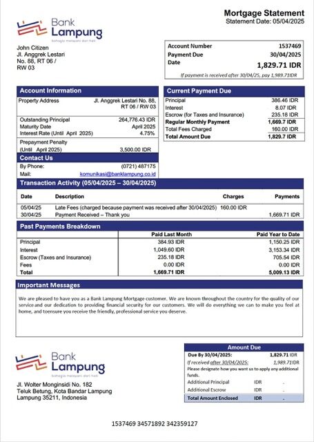 Indonesia Bank Lampung mortgage statement Word and PDF template Indonesia Bank Lampung mortgage statement Word and PDF template