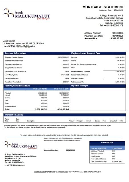 Indonesia Bank Maluku Malut mortgage statement Word and PDF template Indonesia Bank Maluku Malut mortgage statement Word and PDF template