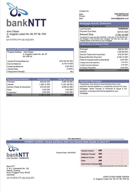 Indonesia Bank NTTÂ mortgage statement Word and PDF template Indonesia Bank NTTÂ mortgage statement Word and PDF template