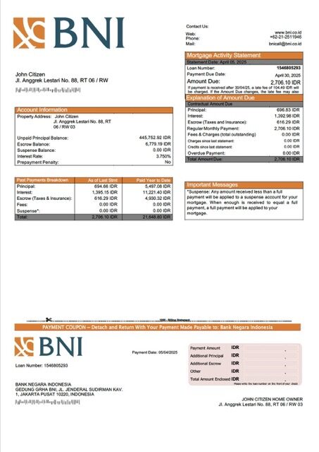 Indonesia Bank Negara Indonesia (BNI) mortgage statement Word and PDF template Indonesia Bank Negara Indonesia (BNI) mortgage statement Word and PDF template
