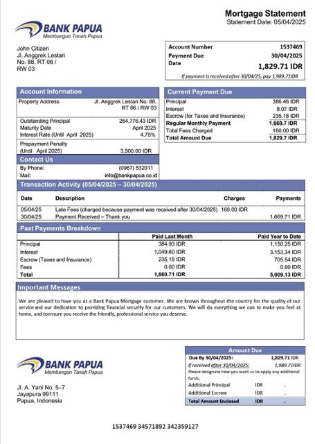 Indonesia Bank Papua mortgage statement Word and PDF template Indonesia Bank Papua mortgage statement Word and PDF template
