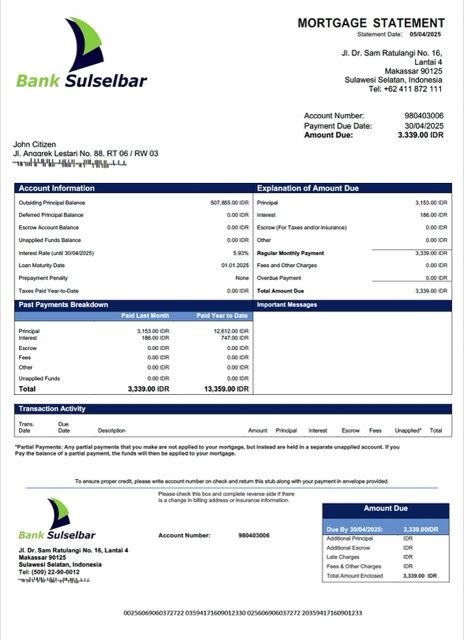 Indonesia Bank Sulselbar mortgage statement Word and PDF template Indonesia Bank Sulselbar mortgage statement Word and PDF template