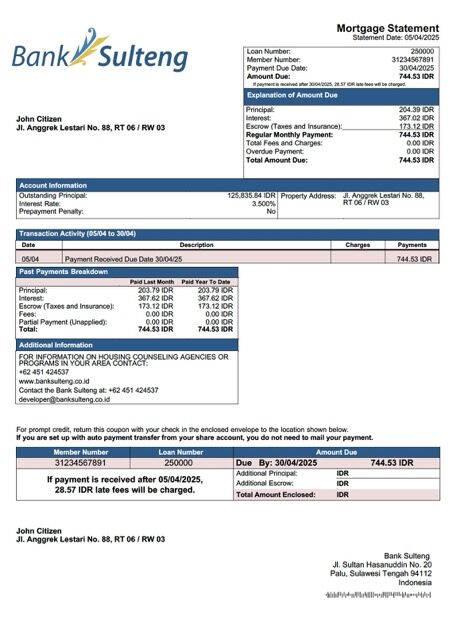 Indonesia Bank Sulteng mortgage statement Word and PDF template Indonesia Bank Sulteng mortgage statement Word and PDF template
