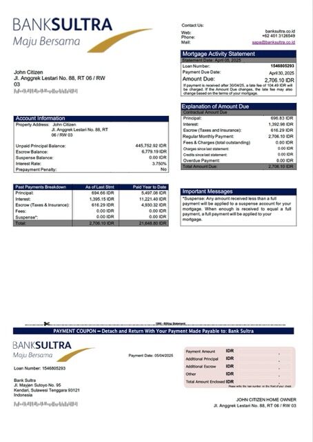 Indonesia Bank Sultra mortgage statement Word and PDF template Indonesia Bank Sultra mortgage statement Word and PDF template