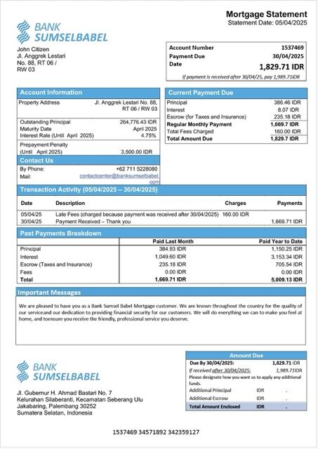 Indonesia Bank Sumsel Babel mortgage statement Word and PDF template Indonesia Bank Sumsel Babel mortgage statement Word and PDF template