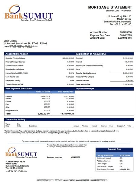 Indonesia Bank Sumut mortgage statement Word and PDF template Indonesia Bank Sumut mortgage statement Word and PDF template