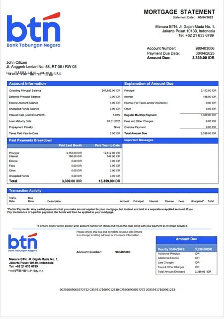 Indonesia Bank Tabungan Negara (BTN) mortgage statement Word and PDF template Indonesia Bank Tabungan Negara (BTN) mortgage statement Word and PDF template