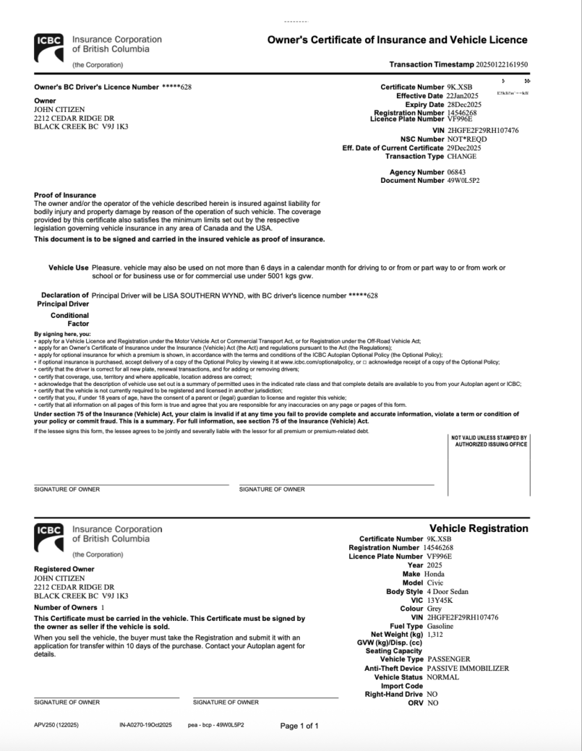 Insurance Corporation of British Columbia owner’s certificate of insurance and vehicle licence Word and PDF template