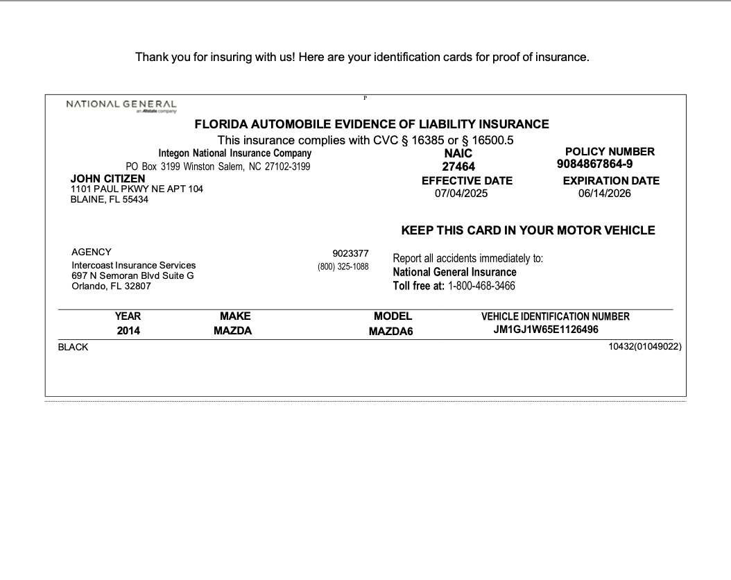 Intercoast Insurance Services Florida automobile evidence of liability insurance Word and PDF template