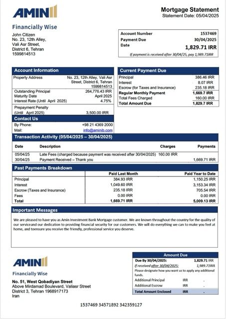 Iran Amin Investment Bank mortgage statement Word and PDF template