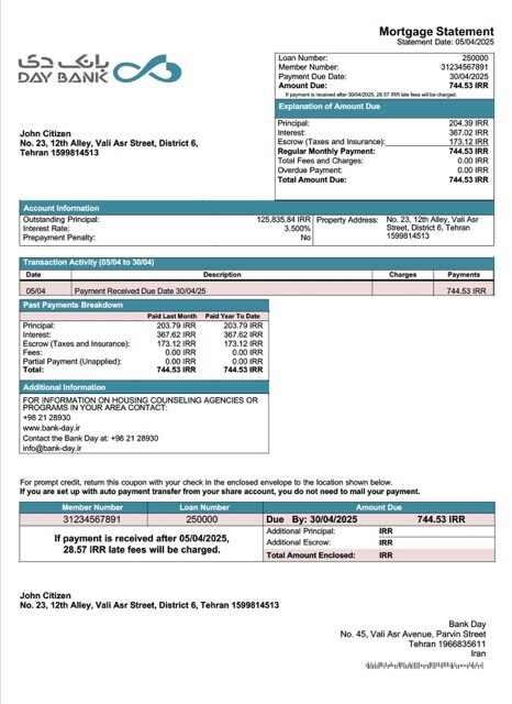 Iran Bank Day mortgage statement Word and PDF template