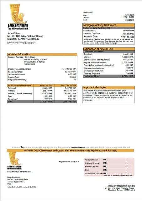Iran Bank Pasargad mortgage statement Word and PDF template