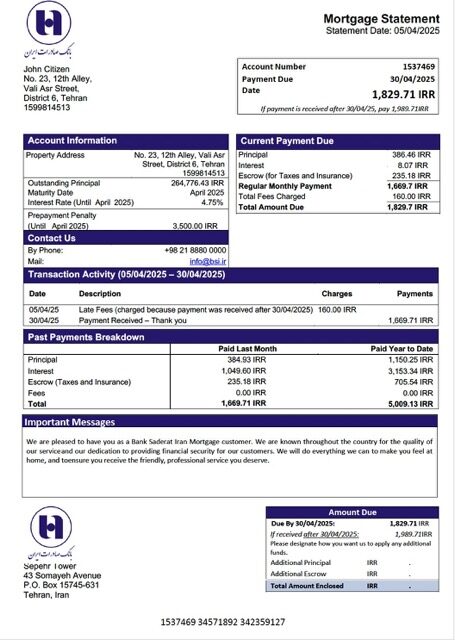 Iran Bank Saderat Iran mortgage statement Word and PDF template