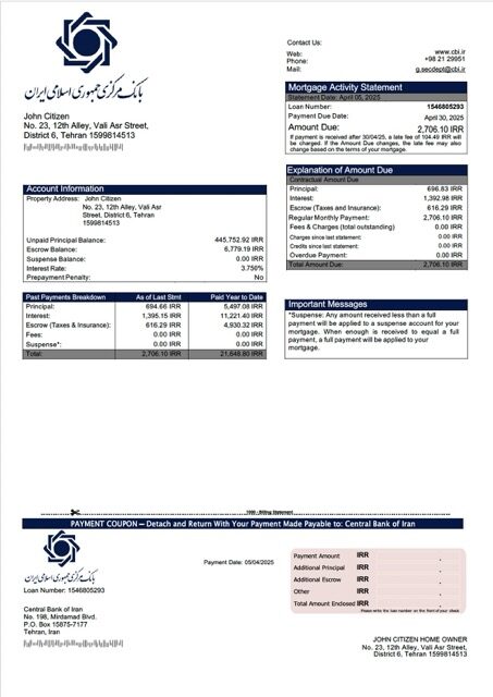 Iran Central Bank of Iran mortgage statement Word and PDF template