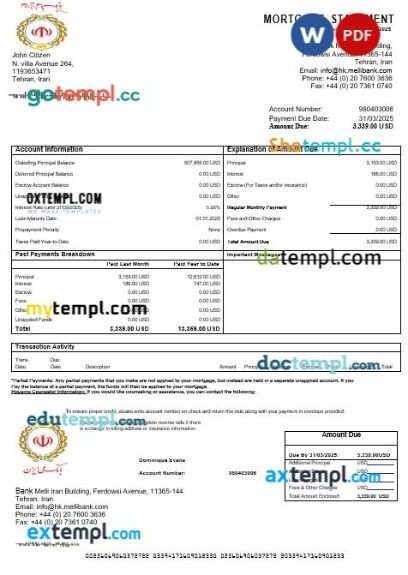 Iran Melli Bank mortgage statement in Word and PDF formats