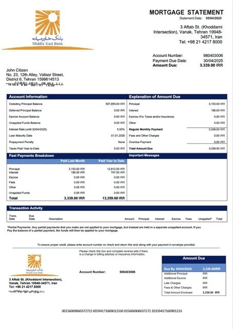Iran Middle East Bank mortgage statement Word and PDF template