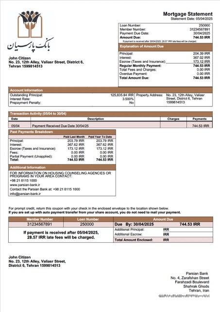 Iran Parsian Bank mortgage statement Word and PDF template