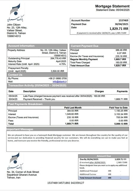 Iran Sarmayeh Bank mortgage statement Word and PDF template