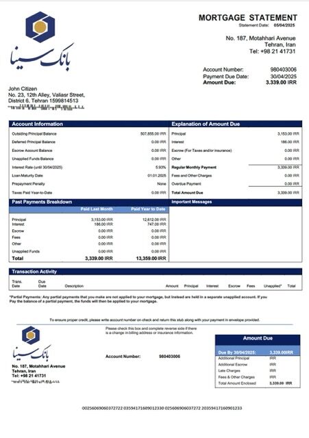 Iran Sina Bank mortgage statement Word and PDF template