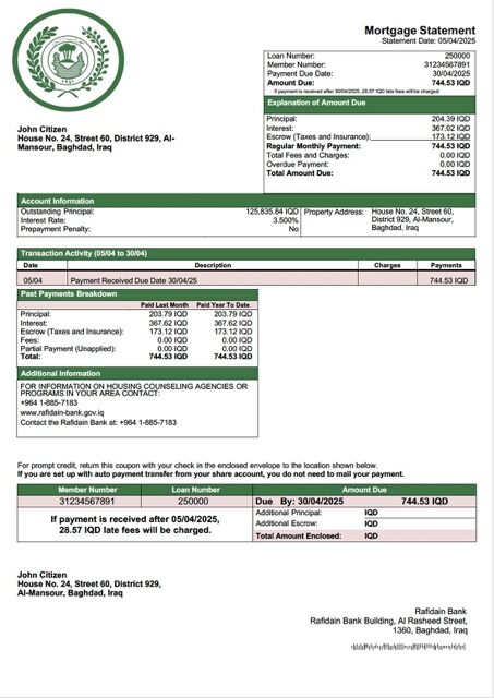 Iraq Rafidain Bank mortgage statement Word and PDF template