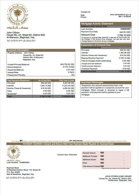 Iraq Rasheed Bank mortgage statement Word and PDF template
