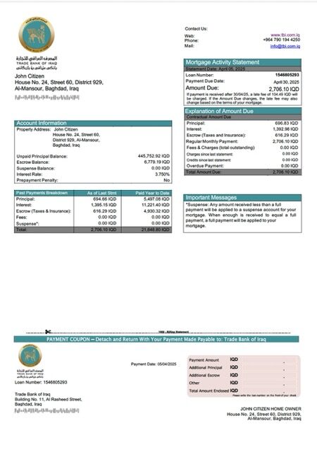 Iraq Trade Bank of Iraq mortgage statement Word and PDF template