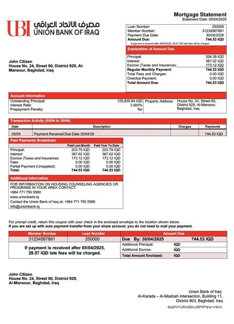 Iraq Union Bank of Iraq mortgage statement Word and PDF template