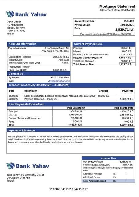 Israel Bank Yahav mortgage statement Word and PDF template