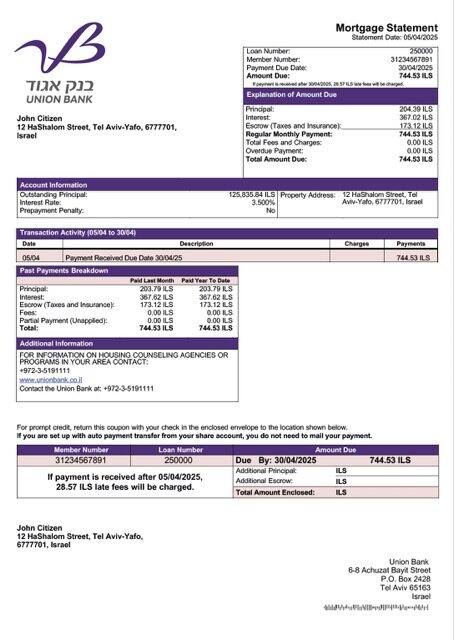 Israel Union Bank (Bank Igud) mortgage statement Word and PDF template