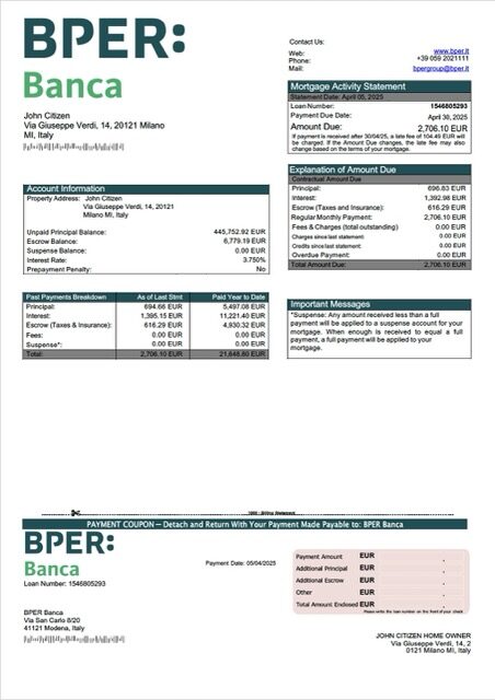 Italy BPER Banca mortgage statement Word and PDF template