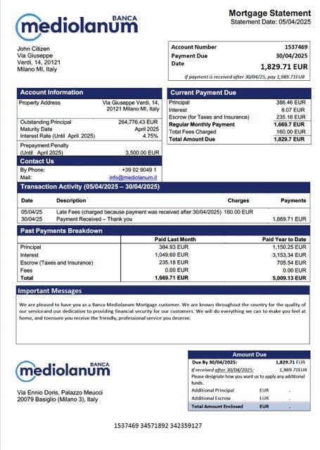 Italy Banca Mediolanum mortgage statement Word and PDF template