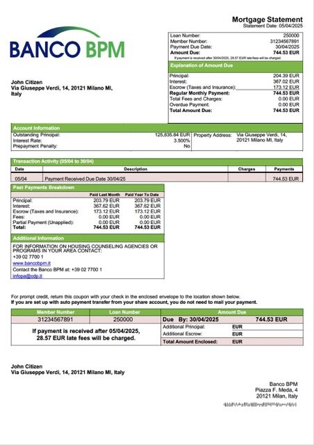 Italy Banco BPM mortgage statement Word and PDF template