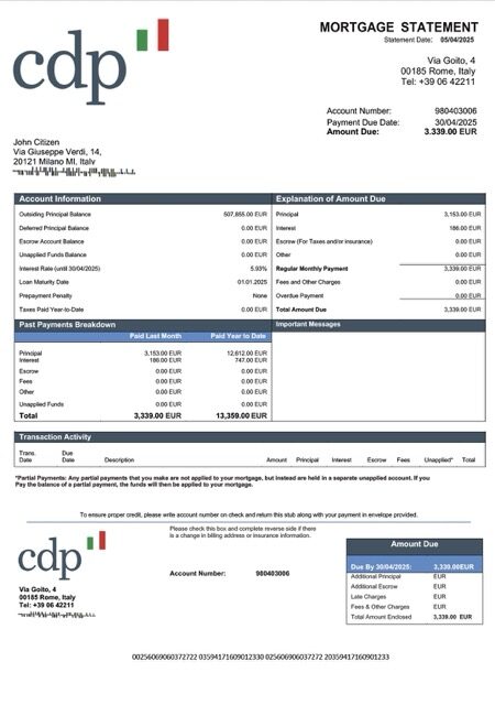 Italy Cassa Depositi e Prestiti mortgage statement Word and PDF template