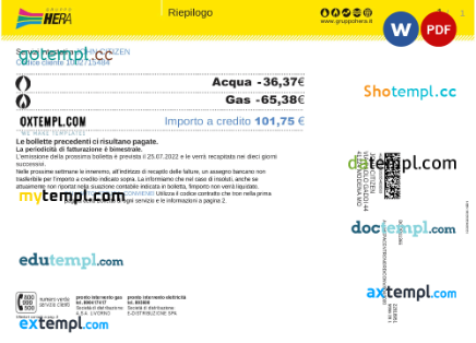 Italian Gruppo Hera utility bill download, Word and PDF example