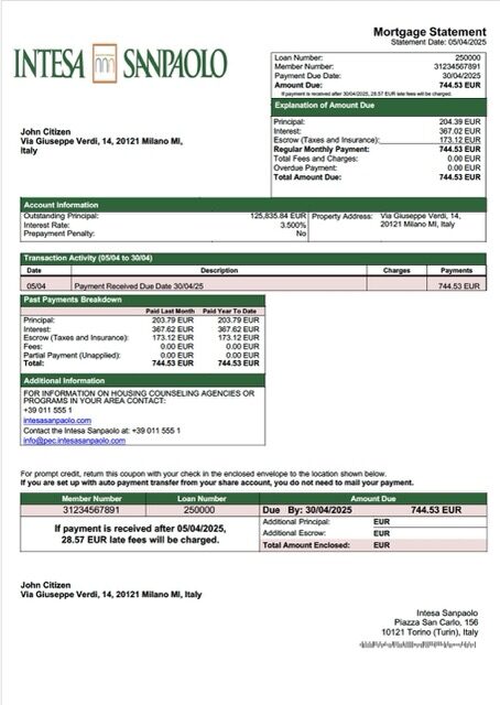 Italy Intesa Sanpaolo mortgage statement Word and PDF template