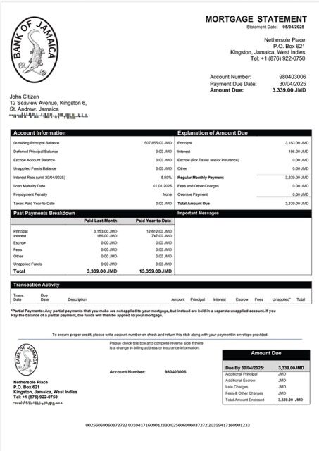 Jamaica Bank of Jamaica mortgage statement Word and PDF template