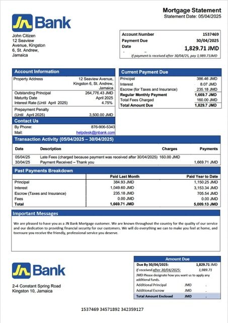 Jamaica National Bank (JN Bank) mortgage statement Word and PDF template