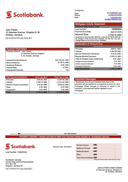 Jamaica Scotiabank mortgage statement Word and PDF template