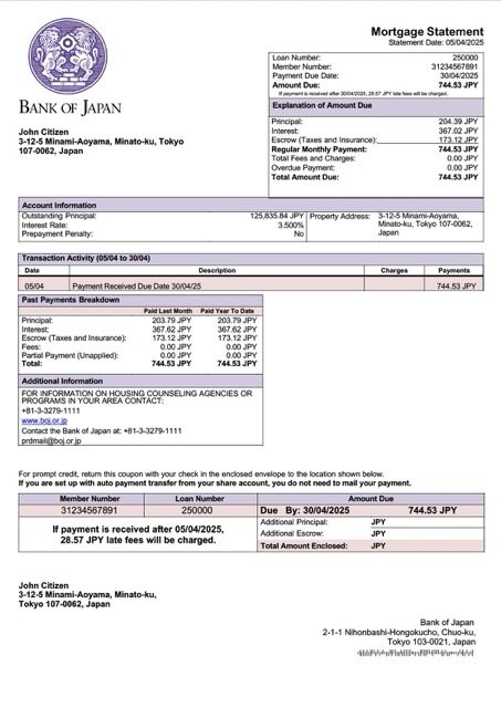 Japan Bank of Japan mortgage statement Word and PDF template