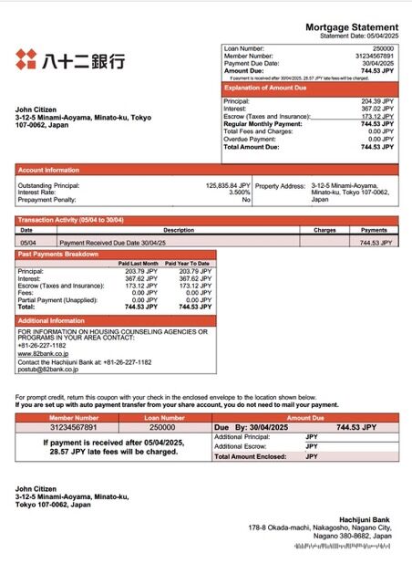 Japan Hachijuni Bank mortgage statement Word and PDF template