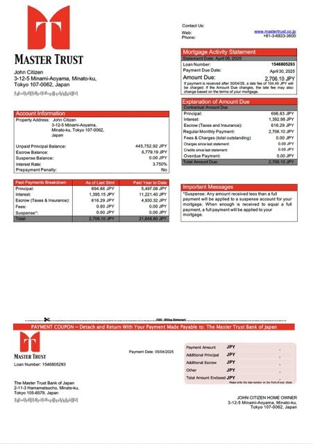 Japan The Master Trust Bank of Japan mortgage statement Word and PDF template