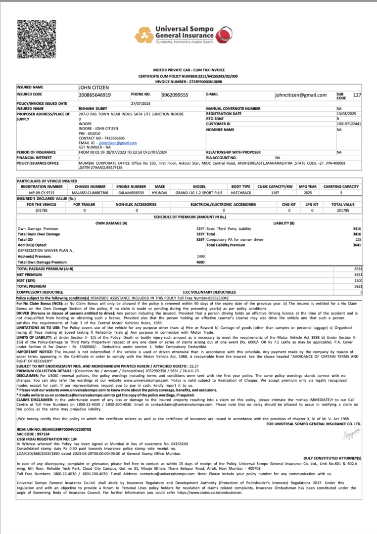 Japan Universal Sompo General certificate cum policy Word and PDF template, version 2